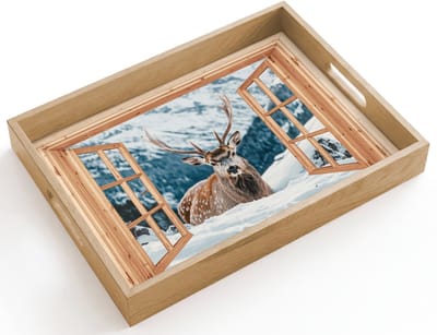 Dienblad hout 40x30 cm - Schootdienblad - Doorkijk - Hert - Landschap - Winter - Natuur - Dieren - Bergen - Borrelplank rechthoek - Plateau dienbladen