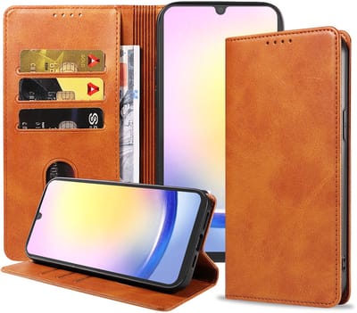 Smartphonica Telefoonhoesje Geschikt voor Samsung Galaxy A25 Kunstleer met Magnetische sluiting en Pasjeshouder Bookcase met Klepje - Bruin geschikt voor Samsung Galaxy A25