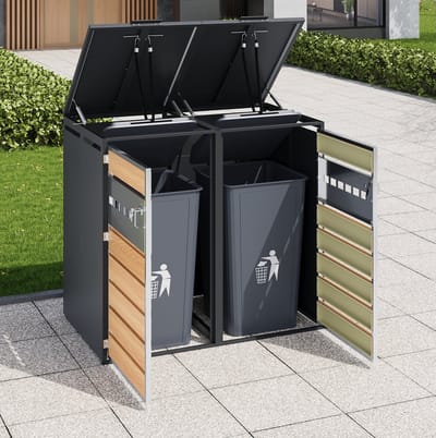 MEUNIQ containerberging voor 2 containers met hydraulische klepdeksels, afsluitbare deuren, geventileerde dubbele vakken, 132 x 80 x 118,5 cm, grijs en houtkleur
