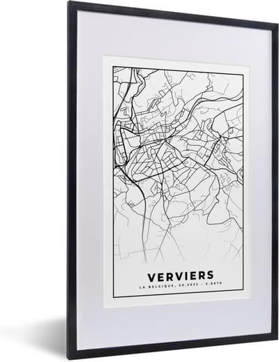 Fotolijst incl. Poster Zwart Wit- België – Verviers – Stadskaart – Kaart – Zwart Wit – Plattegrond - 40x60 cm - Posterlijst