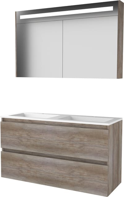 Basic Premium 46 badmeubelset met spiegelkast met geïntegreerde LED verlichting, greeploze onderkast met 2 lades en acryl wastafel met 2 kraangaten