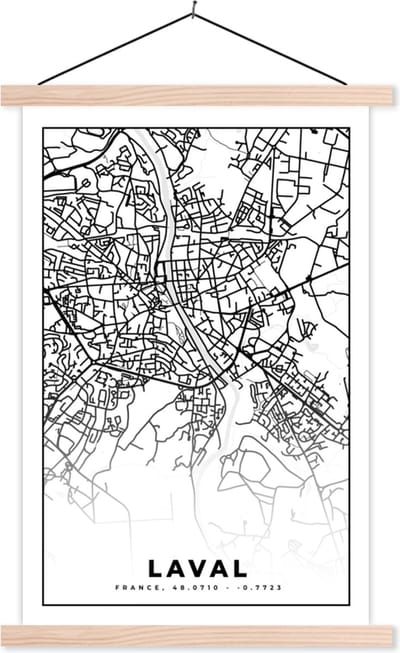 Posterhanger incl. Poster 40x60 cm - Schoolplaat - Kaart - Plattegrond - Laval - Frankrijk - Stadskaart - Zwart wit - Textielposter - Blanke latten - Stadskaart