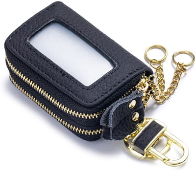 Echt lederen sleuteletui met dubbele ritssluiting - Heuptasje van hoogwaardig rundleer - Unisex - Sleutelhouder - Draagbaar -Autosleutel leren etui - autosleutel unisex leren etui met transparante rits en venster