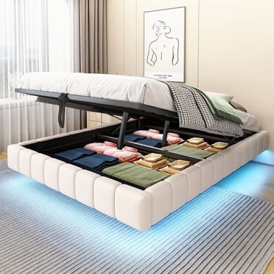 MIVRAY Gestoffeerd Bed 140x200 Cm - Zwevend Bed Met Led Sfeerverlichting En Hydraulische Opbergruimte - Zonder Matras - Linnen - Beige