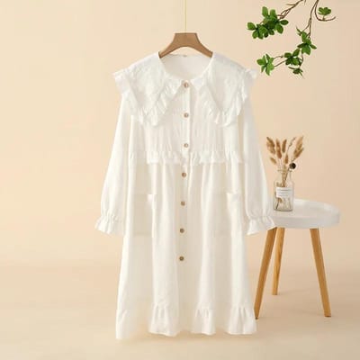 Nieuwe Lente en Zomer Dames Lange Jurk 100% Katoen Slaapjurk Lange Mouw Los Schattige Baby Hals Huisjurk Nachtkleding XL white