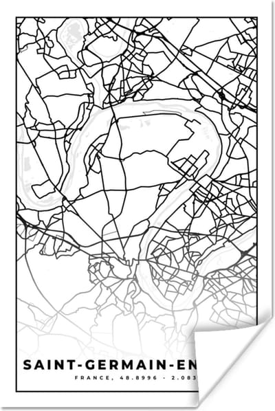Poster Kaart – Plattegrond – Frankrijk – Saint-Germain-en-Laye - Stadskaart - Zwart wit - 120x180 cm XXL