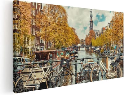 Artaza Canvas Schilderij Amsterdam - 40x20 cm - Klein - Wanddecoratie Grachten - Muurdecoratie Herfst - Schilderijen Op Canvas Fiets