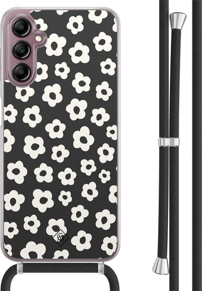 Casimoda® hoesje met koord - Geschikt voor Samsung A14 - Retro Bloempjes - Afneembaar koord - TPU/acryl - Zwart