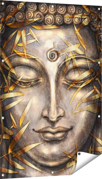 Gards Tuinposter Boeddha Beeld met Gouden Bladeren - 80x120 cm - Tuindoek - Tuindecoratie - Wanddecoratie buiten - Tuinschilderij