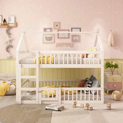 VVBV Houten Stapelbed 140x200 cm met Voor Kinderen/Tieners, Trap/Ladder - Massief Hout Wit