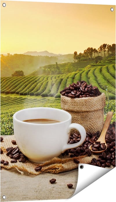 Gards Tuinposter Kopje Koffie op een Plantage Achtergrond6 - 60x90 cm - Tuindoek - Tuindecoratie - Wanddecoratie buiten - Tuinschilderij