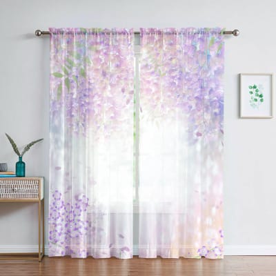 Rideau Voile Translucide Floral Aquarelle Pour Salon Salle À Manger Pièce Chambre Espace Rideau Zone Cuisine Fenêtre Rideau Tulle Mousseline Transparent 1 PCS W100XH250cm&Grommet Top