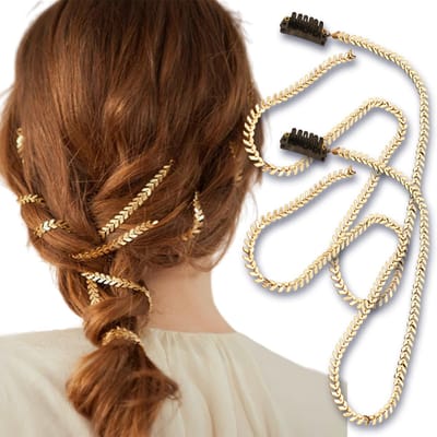 Haarketting-2 stuks goudkleurige haaraccessoires | Koperen kettinghaarclips met kwastjes | Gevlochten design, geschikt voor paardenstaart en creatieve haarstijlen