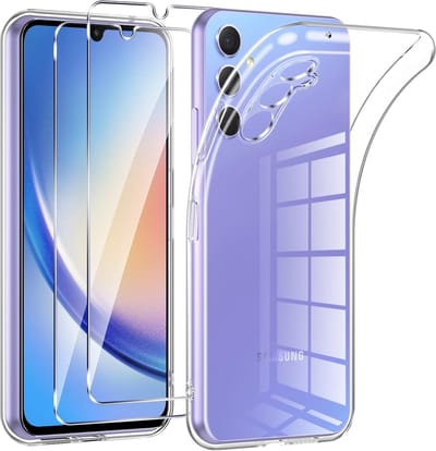 Hoesje + Glas Geschikt voor Samsung Galaxy A55 - Transparant - Casemania Siliconen Back Cover + 2X Tempered Glazen Screenprotector