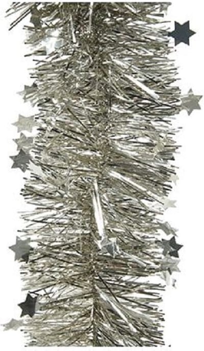 Decoris Kerstslingers - 2x - sterren - zilver/champagne - 270 x 10 cm - lametta/folie - kerstboomslinger