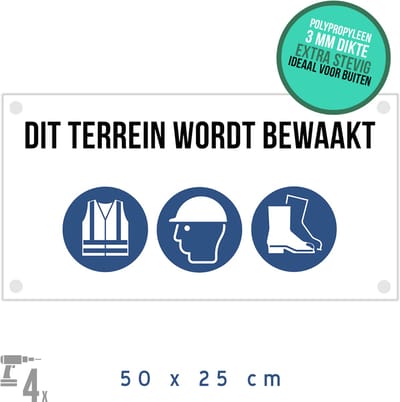 Pictogram/ bord XL + boorgaten | "Dit terrein wordt bewaakt" | 50 x 25 cm | Werfbord | Werf | Bouwplaats | Kunststof | Veiligheidsinstructies | 1 stuk