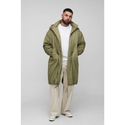 Plus Regular Fit parka-jas in geborsteld nylon met trechterkraag en middellange lengte | Khaki | Size 2XL