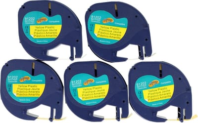 Dappaz - 5 stuks Dymo Compatible 91202 Plastic Label tape - Zwart op Geel - Geschikt voor Dymo LetraTag Labelprinter - 12 mm x 4 m – S0721620