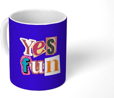 Mok - Koffiemok - Yes fun - Kleurrijk - Collage-stijl - Mokken - 350 ML - Beker - Koffiemokken - Theemok - Mok met Tekst