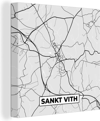 Canvas Schilderij Kaart – Plattegrond – Stadskaart – Sankt Vith – België – Zwart Wit - 20x20 cm - Wanddecoratie