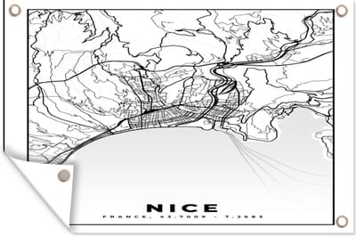 Muurdecoratie Kaart - Nice - Plattegrond - Frankrijk - Stadskaart - Zwart wit - 180x120 cm - Tuinposter - Tuindoek