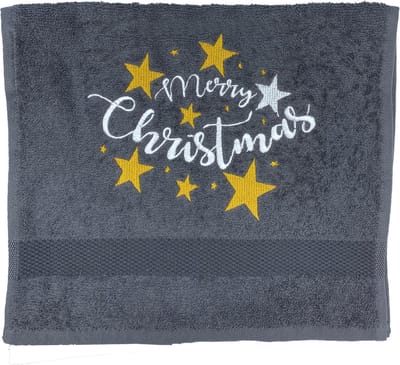 Gastendoekje - Kerst - Grijs - Merry Christmas Stars - Geborduurd