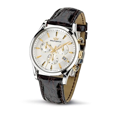 Philip Watch - Collezione Sunray - R8271908009 - Swiss Made - Chronograaf - Heren horloge - Zilver - Goud - Bruine Leren Band - 39 MM
