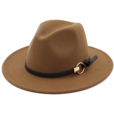 Chapeaux Fedoras pour femmes et hommes, ceinture en métal en feutre, chapeaux Trilby, chapeau Fedora Jazz à large bord réglable kaki
