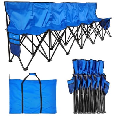 VEVOR Draagbare Team Bench Campingbank (4 personen) met zijvakken en draagtas, opvouwbare bank met rugleuning, zijbank, zijzitje voor voetbal, honkbal, buiten, blauw