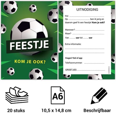 Uitnodiging kinderfeestje Voetbal- Voordeelset 20 stuks - Beschrijfbaar - Uitnodigingskaarten - Uitnodiging verjaardag - uitnodiging verjaardag feest - Uitnodiging kinderfeestje Jongen of Meisje - Uitnodiging feestje - uitnodigingen