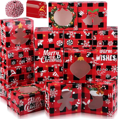 60 Kerst Koekjesdozen met Venster Kraft Bakdoos Cadeauverpakking Set