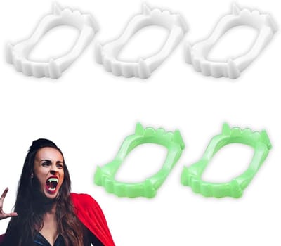 Set van 5 vampiertanden voor kinderen, veilig en stevig, perfect voor Halloween en carnaval, wit/groen, feestaccessoires