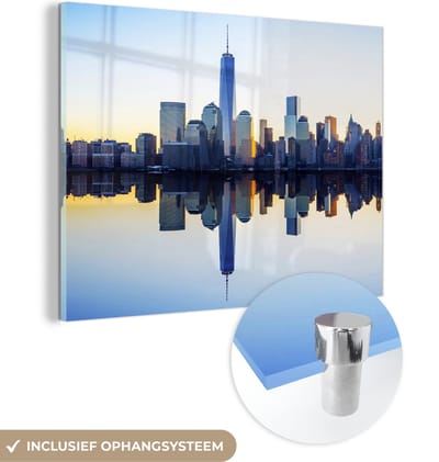 MuchoWow® Glasschilderij 120x90 cm - Schilderij acrylglas - Skyline - New York - Water - Foto op glas - Schilderijen
