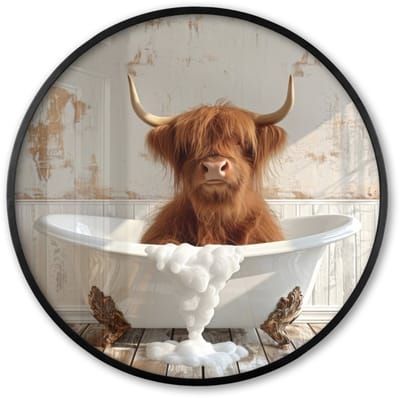 Poster in lijst Rond - Fotolijst 60x60 cm - Posters - Schotse hooglander - Badkuip - Vintage - Koe - Ronde posterlijst zwart - Decoratie - Wanddecoratie woonkamer - Muurdecoratie slaapkamer
