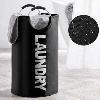 Wasmand - Inhoud 81 Liter - Tekst Laundry - Opvouwbaar met Handvat - Grote Wasmand - Kleur Zwart