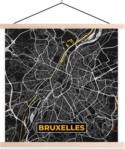 Posterhanger incl. Poster 40x40 cm - Schoolplaat - Brussel - Goud - Stadskaart - Plattegrond - Kaart - Textielposter - Blanke latten - Stadskaart