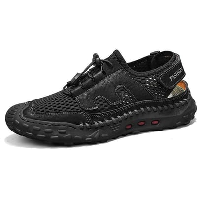Mesh Schoenen Lente en Zomer Nieuwe Trendy Mesh Oppervlak Schoenen Echt Leer Heren Ademende Casual Schoenen Jeugd Zachte Zool Plus Size Sandalen 48 black