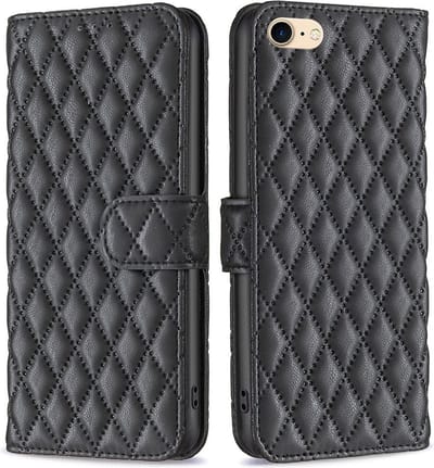 BINFEN Hoesje - Geschikt voor iPhone SE (2022/2020), iPhone 8 / 7 Hoesje - BINFEN Rhombus Book Case - Zwart