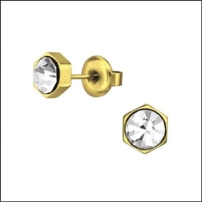 Aramat Jewels | Oorbellen | RVS Zeshoek Oorbellen met Kristal 3-6mm - Geometrische Studs | Goudkleur / 6mm / Transparant | | | | Kinderen, Volwassenen | Verkleurd niet