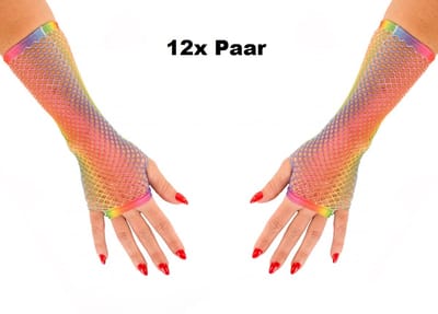 12x Paar Regenboog nethandschoen lang vingerloos - net handschoen carnaval gay pride festival optocht vingerloze thema feest