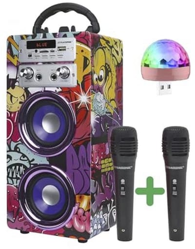 Dynamische Karaoke Machine - Draagbare Karaoke Speaker met 2 Microfoons, Bluetooth, USB Light, USB en SD Kaartlezer, Uniek Geschenk