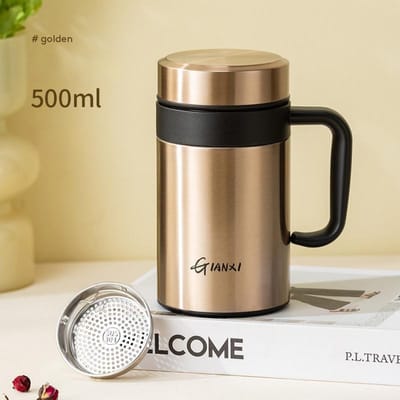 Vrouwen Effen Kleur Beknopte Grote Kaliber Thermosbeker Winter Grote Capaciteit Waterbeker Thee Water Scheiding Riem Handvat Beker 500ml beige