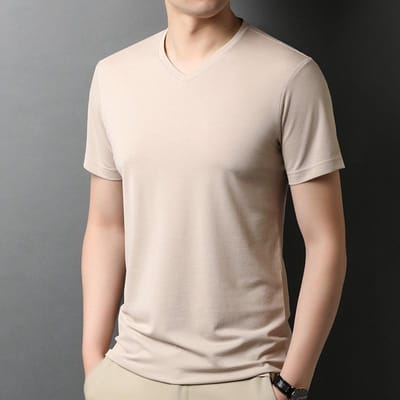 Mulberry Zijde Kortmouwig T-shirt Heren V-hals Effen Kleur Zomer Nieuw Dun Ademend IJszijde Slim Fit Veelzijdige Top M white