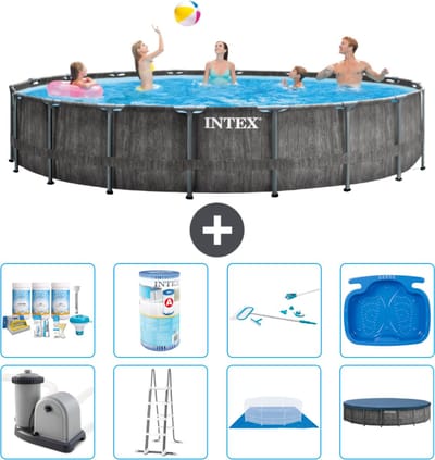 Intex Rond Prism Frame Greywood Zwembad - 549 x 122 cm - Inclusief Pomp - Ladder - Grondzeil - Afdekzeil Onderhoudspakket - Filter - Schoonmaakset - Voetenbad
