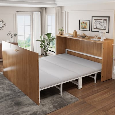 140 x 200 cm opvouwbaar bed - uitschuifbaar kastbedframe met linnenmatras - ruimtebesparend logeerbed - stille wielen - houtkleur