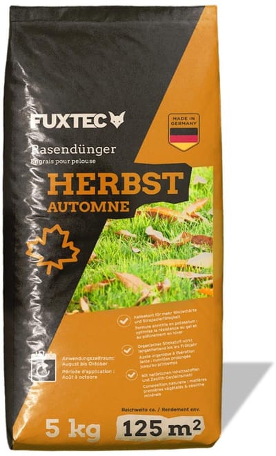 FUXTEC gazonmeststof voor de herfst FX-RDH5, kalimeststof 5 kg voor maximaal 125 m², gazonmeststof voor vorstbescherming, dicht gazon & voedingsstoffenvoorziening in de herfst