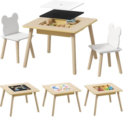 De kindertafel wordt geleverd met 2 stoelen in de vorm van een beer, voorzien van opbergzakjes met gaas, en een kinderstoelset met opbergruimte, geschikt voor kinderen van 3 tot 10 jaar
