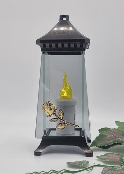 Herdenkingslicht - L-70t - Lantaren - Roosje - Goud - Spiegel - Windlicht - Graflicht - Graflantaarn - Grafdecoratie