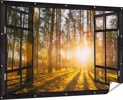 Gards Tuinposter Doorkijk Zonsopkomst in het Bos tussen de Bomen - 180x120 cm - Tuindoek - Tuindecoratie - Wanddecoratie buiten - Tuinschilderij