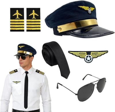 6-delige set kostuumaccessoires voor piloten, inclusief hoed, bril, badge en stropdas voor Halloween en verkleedfeesten